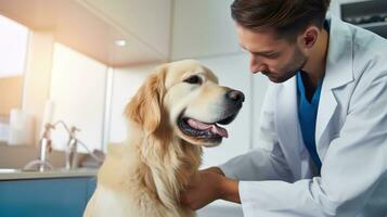 een dierenarts in een kliniek op zoek Bij een hond foto