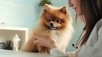 een dierenarts in een kliniek op zoek Bij een hond foto