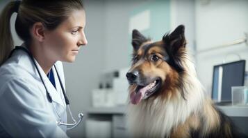 een dierenarts in een kliniek op zoek Bij een hond foto