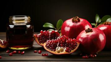 appel en honing, traditioneel voedsel van Joods nieuw jaar, Rosh hasjana. generatief ai foto