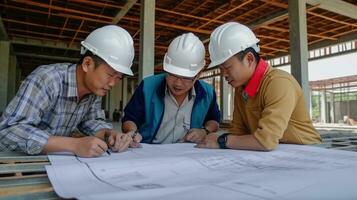 Aziatisch bouw manager en architect discussie. generatief ai foto