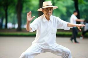 gepensioneerd Aziatisch Mens beoefenen tai chi Chuan Bij park. generatief ai foto