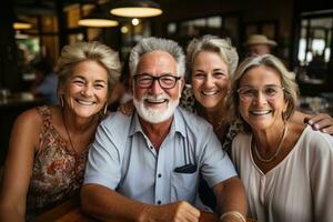 gelukkig groep van senior mensen op zoek Bij camera. generatief ai foto