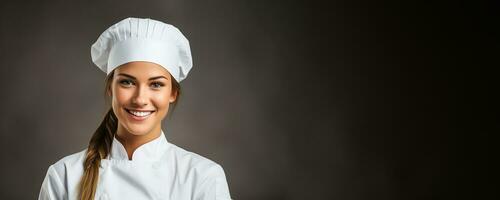vrouw chef-kok portret Aan een licht grijs achtergrond foto