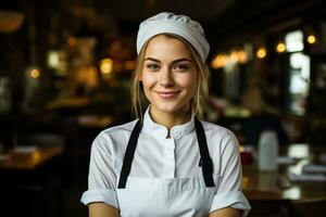 jong vrouw chef in een restaurant foto