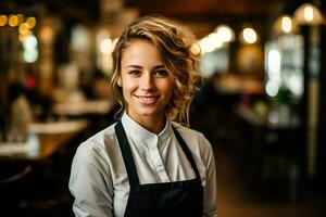 jong vrouw chef in een restaurant foto