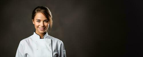 portret van een vrouw chef met een schotel Aan een licht grijs achtergrond foto