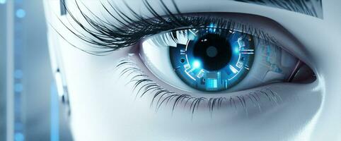 vrouw leerling detailopname detailopname visie robot menselijk gezicht futuristische oog schoonheid natuurlijk technologie blauw foto