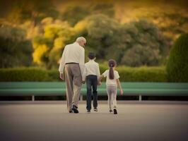 opa wandelen met kleinkinderen Bij zonsondergang. concept van opa dag, grootouders dag. foto