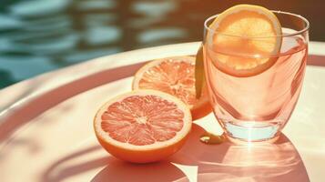 oranje drank in een glas naast zwembad foto