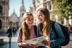 twee vrienden zijn op zoek Bij de kaart Aan de straat foto