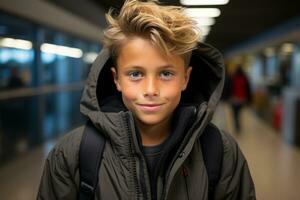 een jong jongen met een rugzak in een luchthaven generatief ai foto