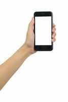 hand- Holding slim telefoon geïsoleerd wit achtergrond, gebruik knipsel pad foto
