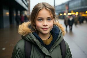 een jong meisje in een groen jasje staand Aan de straat generatief ai foto