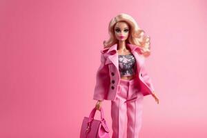 een Barbie pop vervelend een roze pak en Holding een handtas foto