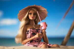 een Barbie pop zittend Aan de strand met een roze paraplu foto