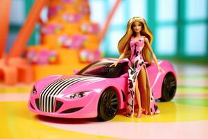 een Barbie pop is zittend Aan een roze auto foto