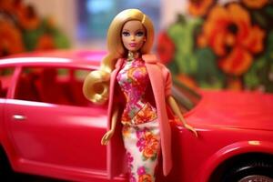 Barbie pop in roze jurk en jas staand De volgende naar een auto foto