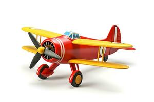 3d speelgoed- vliegtuig is getoond Aan een wit achtergrond foto