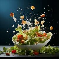 vliegend salade door de lucht met kaas en sla voedsel fotografie generatief ai foto