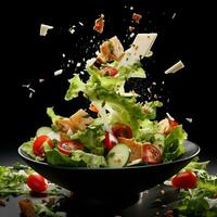 vliegend salade door de lucht met kaas en sla voedsel fotografie generatief ai foto