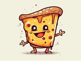 grappig pizza plak tekenfilm karakter clip art, graffiti doodling stijl Aan de wit achtergrond generatief ai foto