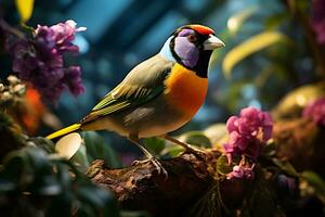 kleurrijk gouldian vink is neergestreken Aan een Afdeling in een tropisch regenwoud. ai gegenereerd. foto