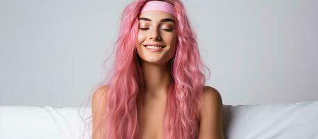 dichtbij omhoog foto van aantrekkelijk vrouw met roze haar- en slaap masker glimlachen Aan wit achtergrond bevorderen Gezondheid