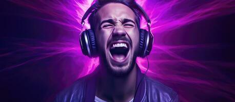 mannetje zanger vervelend hoofdtelefoons luisteren naar muziek- het zingen met Open mond opname studio dj hipster levensstijl portret met Purper achtergrond neon lig foto