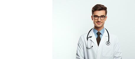 mannetje dokter vervelend bril en wit jas glimlacht Bij camera Aan geïsoleerd wit achtergrond kamer voor tekst Gezondheid foto