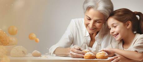 senior Kaukasisch vrouw en jong meisje bakken koekjes samen vieren nationaal biscuit dag foto