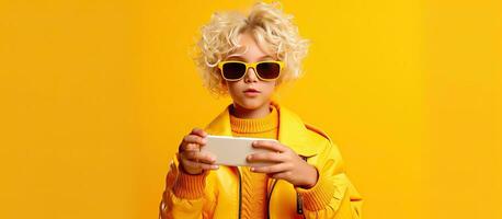 blond kind in geel jasje nemen selfie met mobiel telefoon Aan geel achtergrond foto