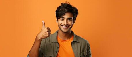 de aantrekkelijk Indisch Mens is gelukkig poseren en tonen een duimen omhoog geïsoleerd Aan een oranje backdrop voor advertentie foto