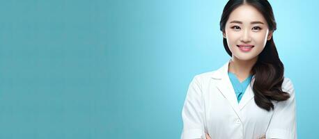 portret van een jong Aziatisch dokter met een blanco bord Aan een blauw achtergrond een concept van gezondheidszorg in een medisch instelling foto