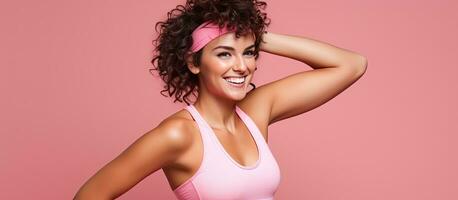 sportief vrouw Aan roze achtergrond aan het doen strekt zich uit gekruld haar- in een hoofdband levendig turnpakje geschiktheid concept leeg Oppervlakte voor tekst foto