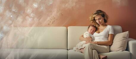 composiet van een Kaukasisch moeder en haar baby meisje Aan een sofa met tekst voor wereld borstvoeding geeft week nadruk Aan liefde familie en gezond koesteren foto