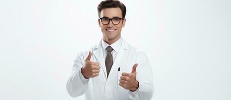 mannetje dokter in laboratorium jas en bril glimlachen maken hand- gebaren geïsoleerd Aan wit achtergrond op zoek Bij camera geschikt voor tekst over Gezondheid foto