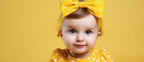 studio portret van een lief baby vervelend een zomer jurk en een groot geel boog Aan haar hoofd tegen een grijs backdrop met kamer voor tekst foto