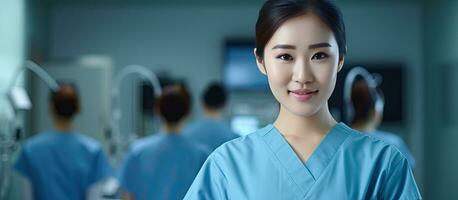 vrouw Thais chirurg in blauw uniform met stethoscoop staand slim in in werking kamer glimlachen Bij de camera met een vriendelijk houding met kopiëren ruimte ava foto