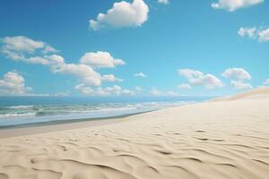 zee strand met wit zand strand blauw lucht met wolken, zomer vakantie achtergrond, ai genereren foto