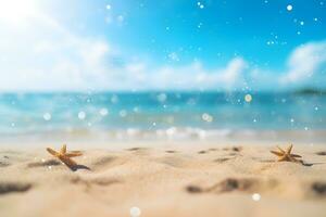 zee strand met wit zand strand blauw lucht met wolken, zomer vakantie achtergrond, ai genereren foto