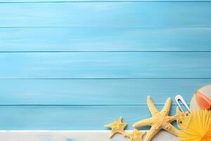 zomer vakantie banier strand thema met strand accessoires Aan een blauw hout achtergrond, ai genereren foto