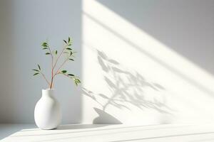 wit muur kamer met zonlicht venster, vaas en pot met een fabriek in de stijl van minimalistische achtergrond, mockup voor Scherm van Product modern interieur concept, ai genereren foto