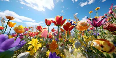helder kleurrijk bloemen planten in de veld- tegen blauw lucht, ai genereren foto