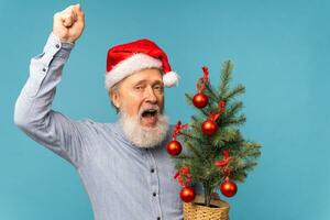 portret van gelukkig gek emoties de kerstman claus opgewonden op zoek Bij camera en houdt klein Kerstmis boom Aan blauw achtergrond foto