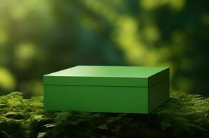 mockup groen doos Aan een groen achtergrond in planten. generatief ai foto