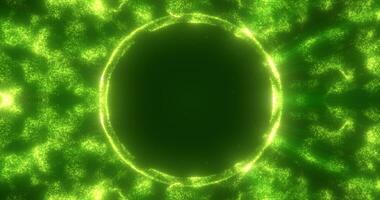 abstract groen achtergrond van een energie blauw magie ring van een ronde kader van gloeiend deeltjes en golven van energie foto