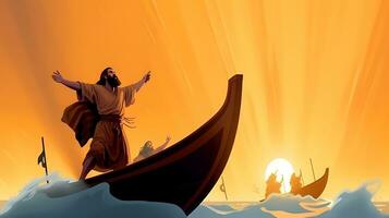 Jezus Christus Aan de boot kalmeert de storm Bij zee. foto