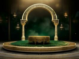 Islamitisch podium in groen en goud generatief ai foto