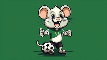 een schattig muis sport- mascotte vlak illustratie vervelend een voetbal uniform en spelen voetbal generatief ai foto